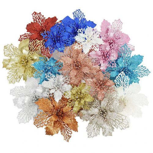 9/11/16cm Christmas Artifical Flowers Glitter Poinsettia for