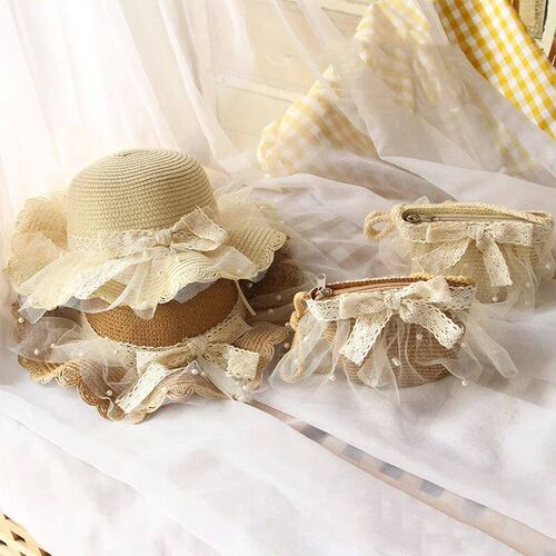 2023 New Summer Princess Straw Bag Baby Girls Lace Pearl Cro