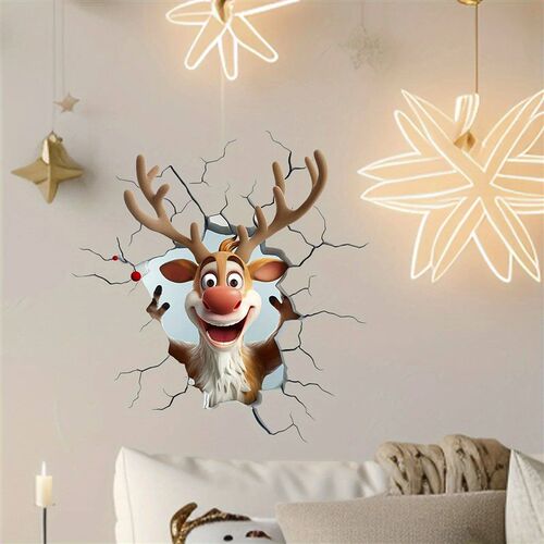 3D Reindeer Break-Through Wall Decal, Vinyl Christmas Wall e