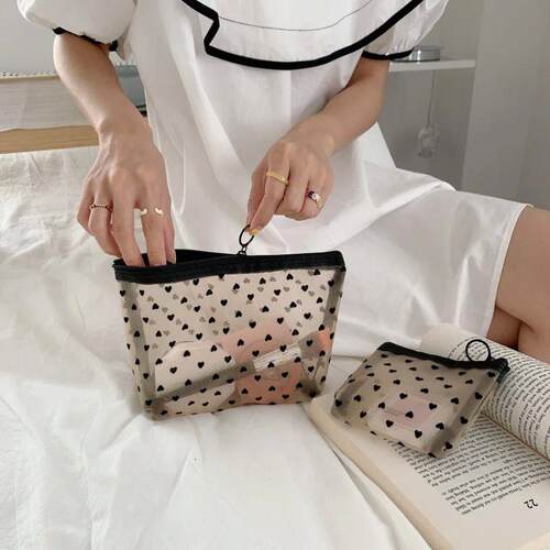 Love Transparent Mesh Cosmetic Bag Box Set Cute Zipper Print