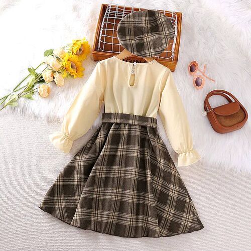 Dress Kids Girls 4-7 Years Brown Plaid Spliced Long-Sleeved