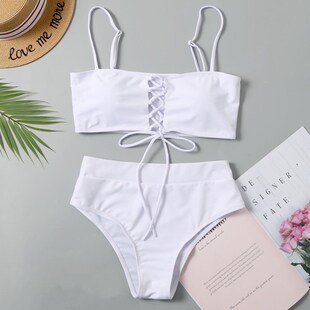 String Bandeau Bikinis 2023 Women High Waist Swimsuit Solid
