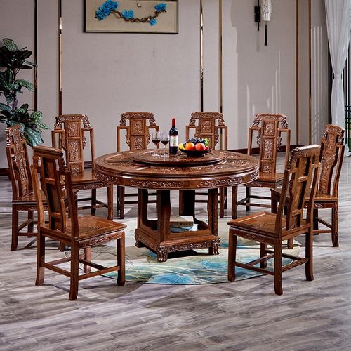 王木匠 鸡翅木餐桌椅圆台 实木红木中式餐厅饭桌雕花象头人