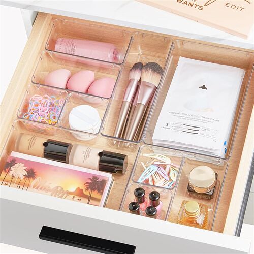 Clear Plastic Drawer Organizers Set Trays Storage Bins