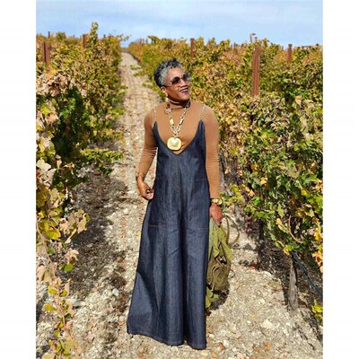 Metal strap imitation denim jumpsuit with pocket