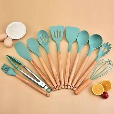 12Pcs Silicone Kitchen Utensils Cooking Wooden Handle Non St