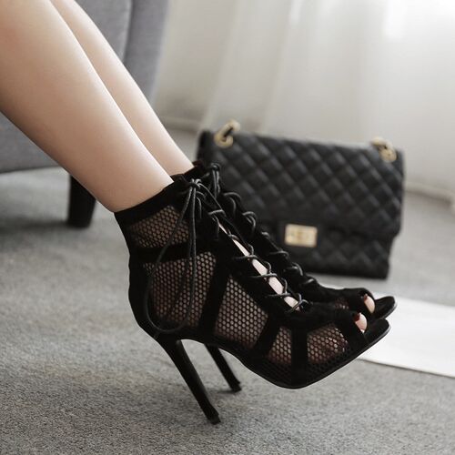New Fashion Show Black Net Fabric Cross Strap Sexy High Heel