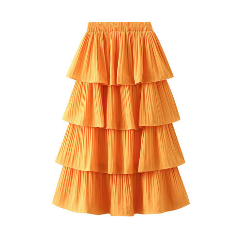 Summer Wooden Ear Stitching Pleated Big Swing Skirt Womens