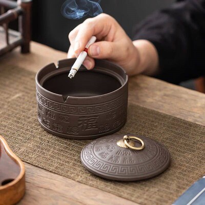 Living Room Purple Clay Ashtray with Lid Anti Fly Ash Smoke