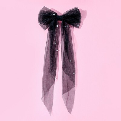 New Long Ribbon Mesh Bow Hair Clips Elegant Imitation Pearls