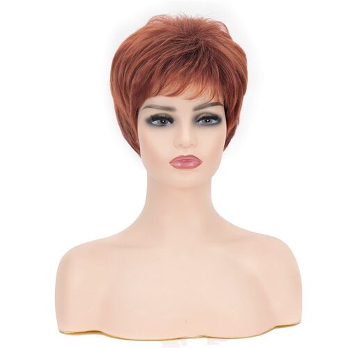 Wig Womens Fluffy Short Straight Hair Dark Brown Highlighte