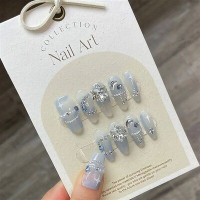 10pcs Handmade Press On Nails Gradient Pink Fake Nail With 3