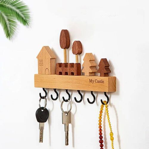 Creative Wooden Wall Mounted Key Storage Rack with 6 Hooks W