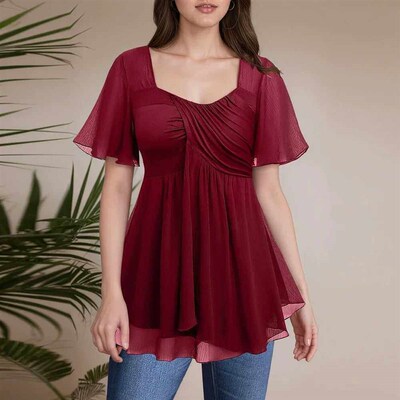 Women Plus Size Elegant Blouse Square Collar Pleated Double