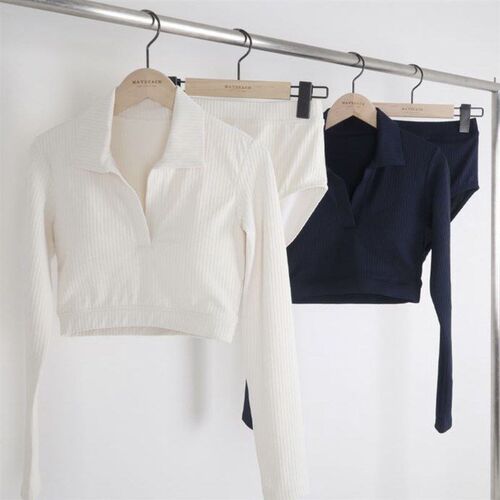 Simple Long Sleeve Polo Shirt Collar Color High Waist Split