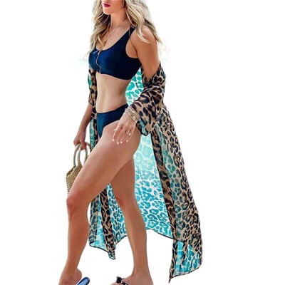 Women Chiffon Leopard Crochet Summer Beach Bikini Cover Up L