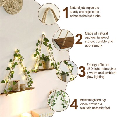 Wood Shelf with Leaf Hanging Decoration LED Shelf Decor Aest
