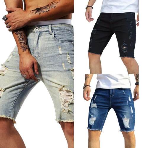 Mens Summer Casual Personality Irregular Foot Denim Shorts