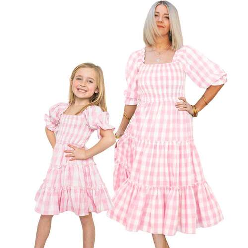 Summe Mother Daughter Matching Dresses Pink Grid Spring Fami