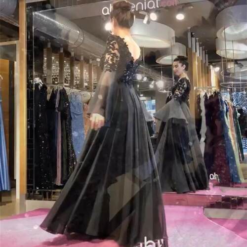 Elegant Black Evening Dresses 2021 Flare Long Sleeve V-Neck