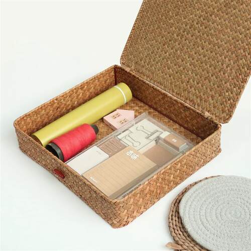 2 Pcs Seagrass Baskets with Lid Wicker Storage Basket Flat R