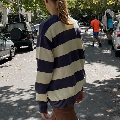 FUFUCAILLM Fashion Stripes Women Sweaters Crew Neck Long
