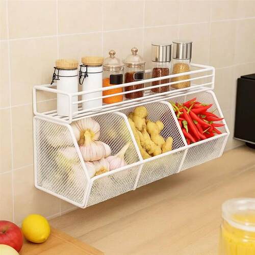 Wall Mounted Kitchen Storage Basket Punch-Free Grid Vegetabl
