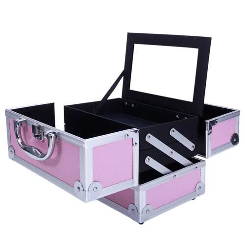 Pink aluminum makeup train case, 2-layer portable makeup sto