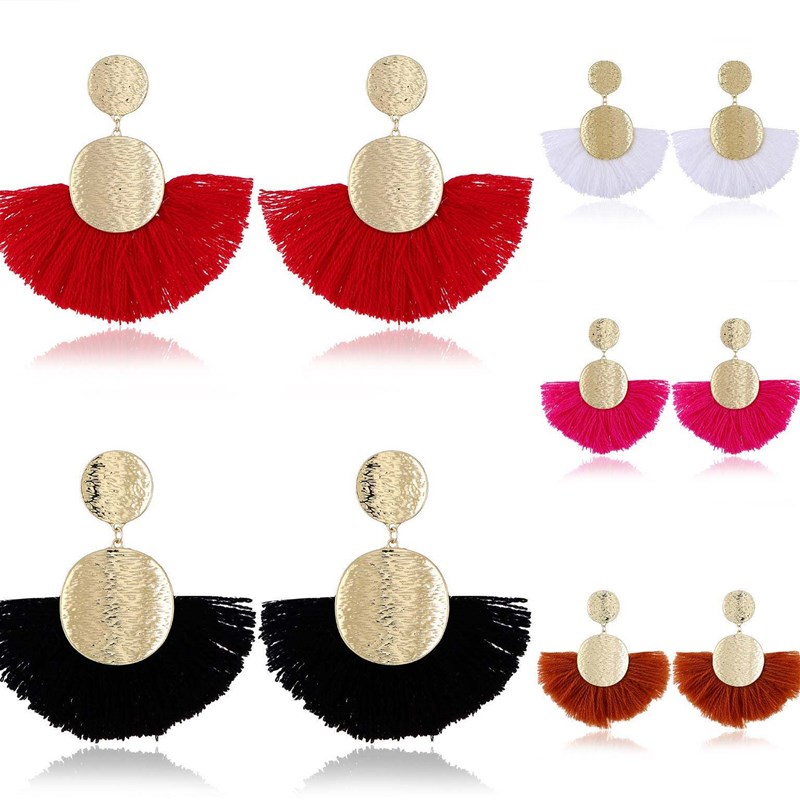 Exaggerated fashion big circle fan-shaped wool tassel earrin - 实物图