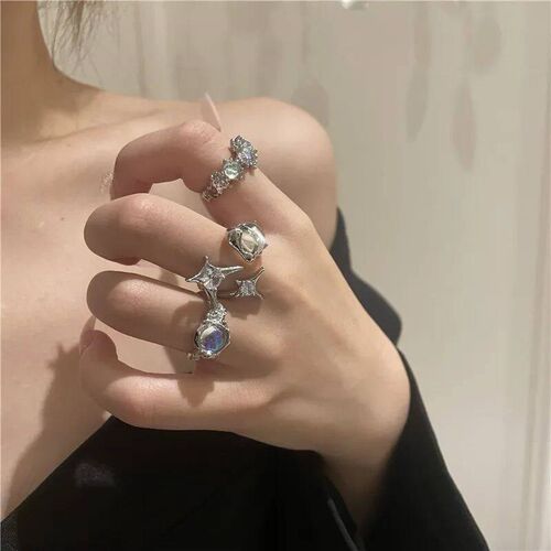 Korean Crystal Opal Irregular Ring for Women Zircon Star Ope