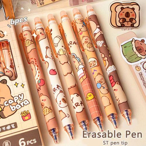 6Pcs Cute Capybara Erasable Pen Blue Ink Writing Smooth Quic