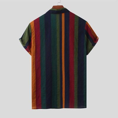 Hawaii Men Shirt Blouse Multicolor Stripes Loose Short Sleev