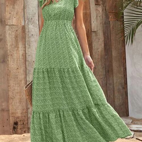 Print Maxi Dress Women Boho Summer Dress Female V Neck Patch