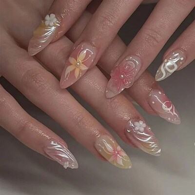 24pcs Press on Fake Nails Set Almond Wearable Simple French
