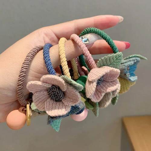 Women Girls Elastic Hair Bands Knitting Wool Flowers Hair Ba