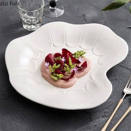 Pure White Lotus Leaf Shaped Ceramic Dining Plate Irregular