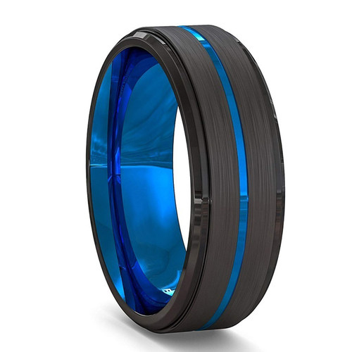 Fashion 8MM Mens Blue Groove Beveled Edge Tungsten Carbide