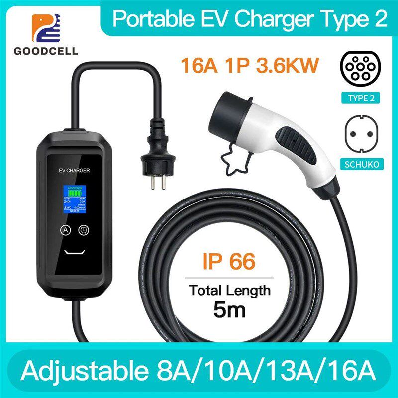 Switchable Current 8A/10A/13A/16A 1 Phase EV Portable Charge