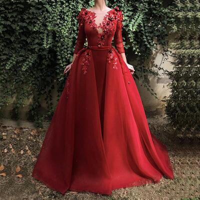 2020 Red Elegant Scoop Neck Lace Evening Dresses Long Sleeve
