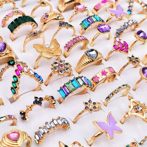 50Pcs Colorful Heart Crystal Zircon Rings for Women and Girl