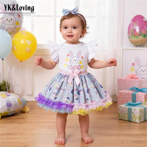Easter Baby Dress Set Printed Rabbit Flying Sleeve Hare Skir