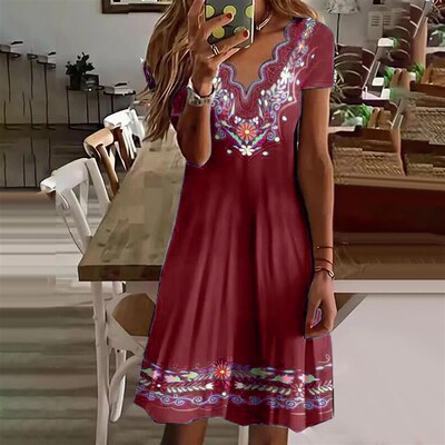 New Elegant Summer Womens Floral Theme Printed Wave V-neck