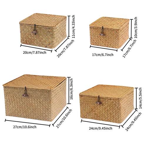 Set of 4 Seagrass Basket with Lid Wicker Storage Basket Deco