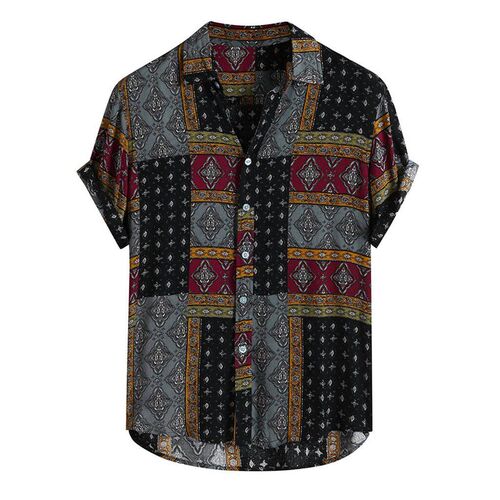 Men Shirt Ethnic Printed Shirts Summer Retro Vintage Setwear