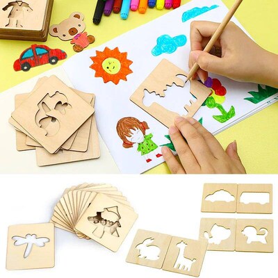 20Pcs Kids Wooden Drawing Stencils Kit DIY Decor Reusable Ed