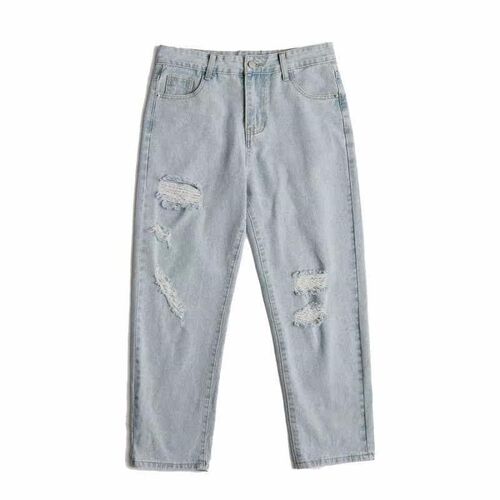 Mens Ripped Jeans tendy Ins Loose Straight Casual Pants ten