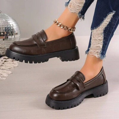 Brown Punk Platform Women Loafers Round Toe Chunky Heel Vint