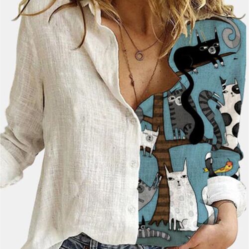 Fashion Stitching Cute Cat Print Long Sleeve Blouses Women