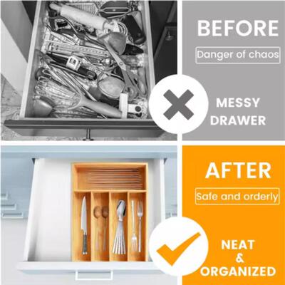 Kitchen Drawer Cutlery Organizer 5/6 Compartments Bamboo Dra