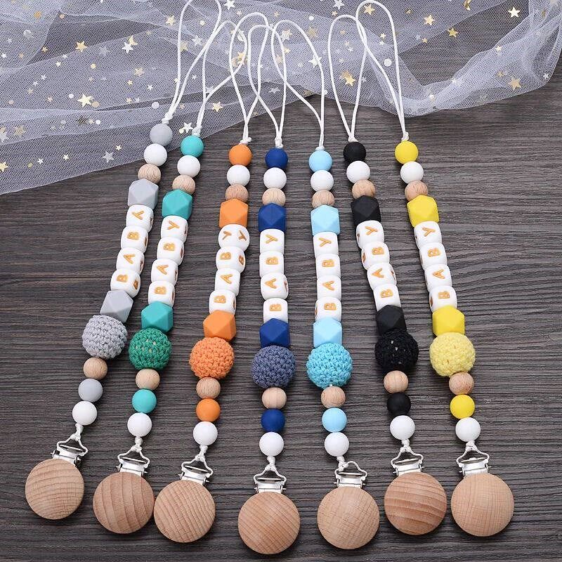 Personalized Name Baby Pacifier Chain Beech Wood Dummy Holde